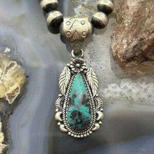 Sterling Silver Southwestern Style Teardrop Matrix Turquoise Decorated Pendant